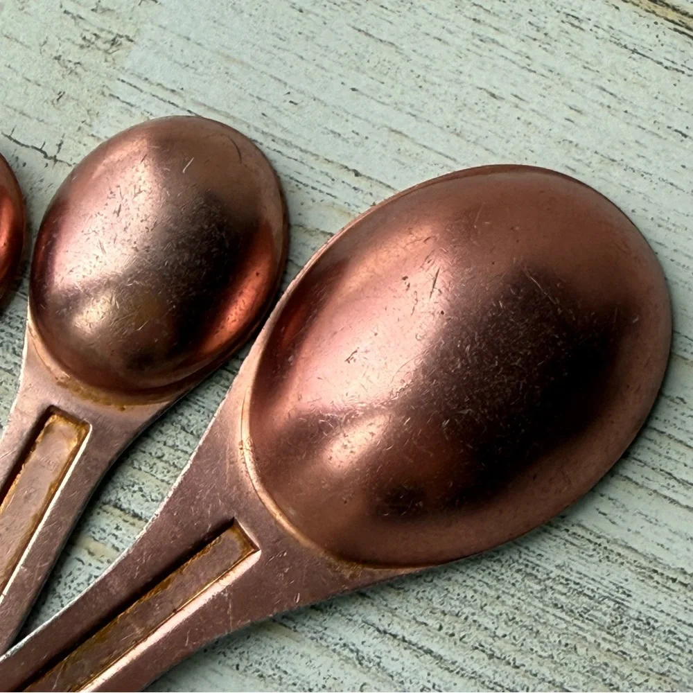 Vintage Aluminum Copper Tone Nesting Oval (4) Measuring Spoons US STD Farmhouse